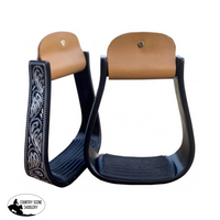 20226 - Black Aluminum Stirrups With Silver Engravings Barrel Irons