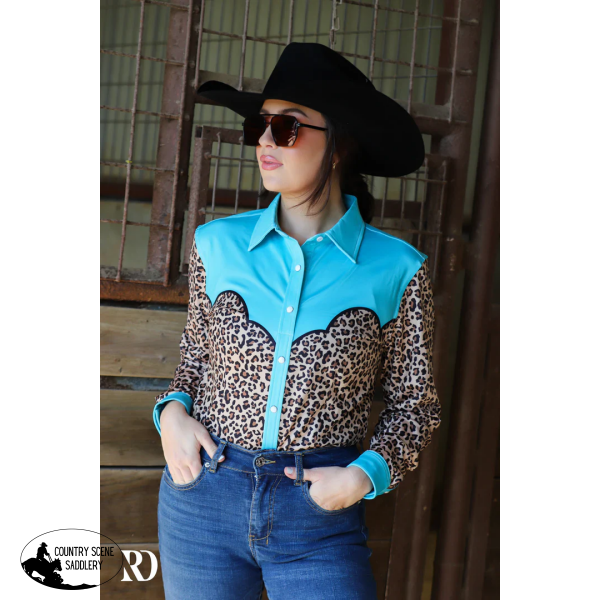 Leopard Yoke & Turq Performance Rodeo Shirt (Adult) Western Style