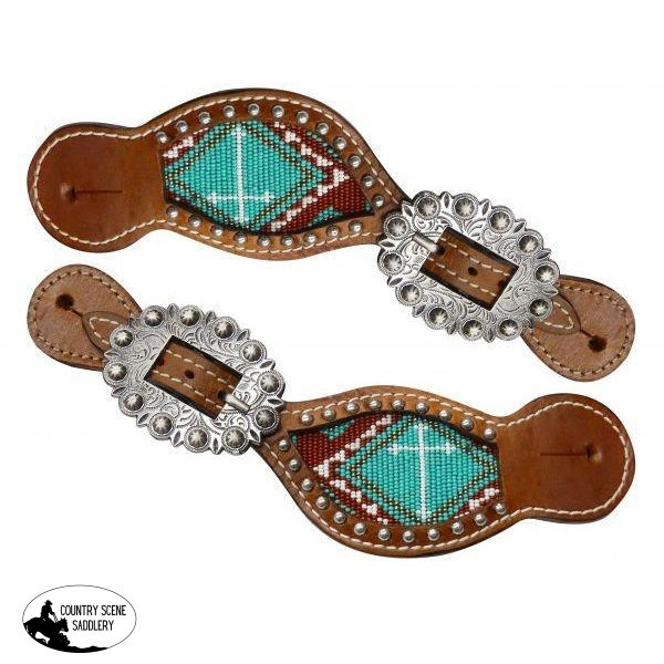 New! Showman® Ladies Teal & Brown Beaded Cross Spur Straps.