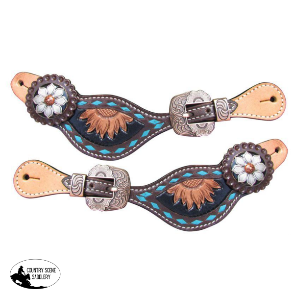 New! Showman ® Ladies Sunflower Tooled Spur Straps. Filigree / Painted Print Straps