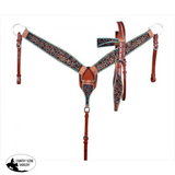 Showman ® Rawhide Laced Headstall And Breast Collar Set With Tooled Flowers Teal Accent Beads Horse