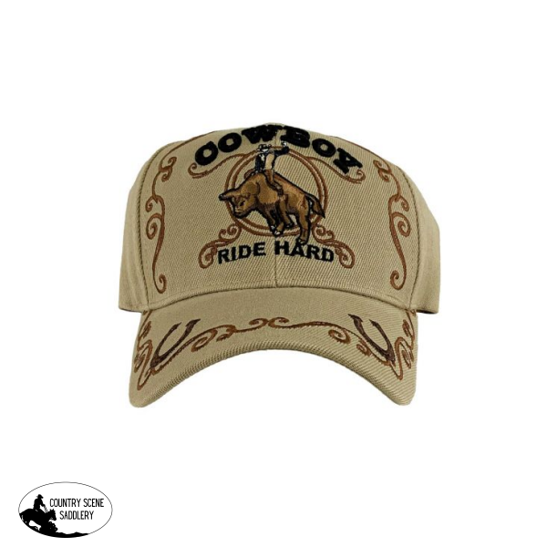 Tan Cowboy Ballcap w Bull rider Logo Ride Hard