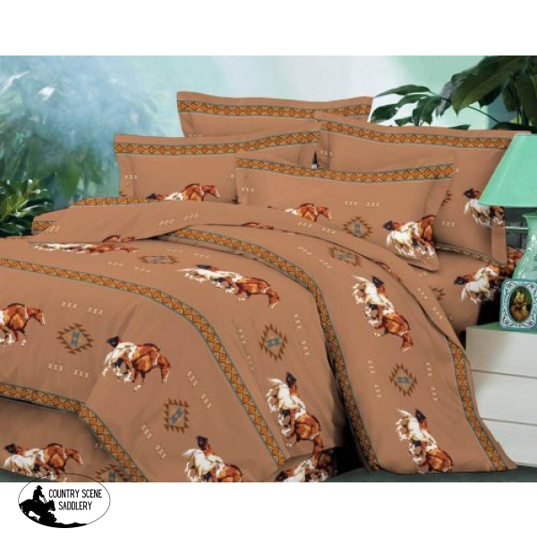 0467-1832 4 Piece Queen Size Tan Running Horse Luxury Comforter Set.