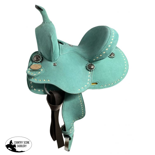 10’ Double T Barrel Style Saddle With Teal Rough Out Leather Western Saddle