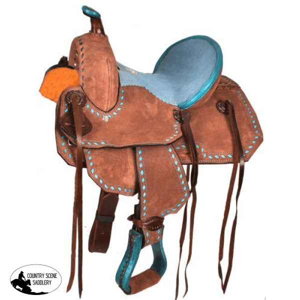 10 Double T Youth Barrel Style Saddle With Turquoise Seat.