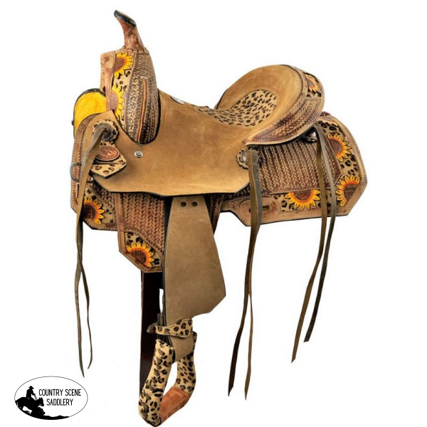 10 Double T Youth Hard Seat Barrel Style Saddle With Cheetah And Sunflower Painted Accents.