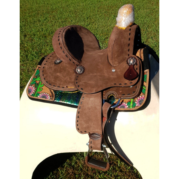 New! 10 Double T Youth Hard Seat Barrel Style Saddle With Extra Deep Seat And Buckstitch Trim.~