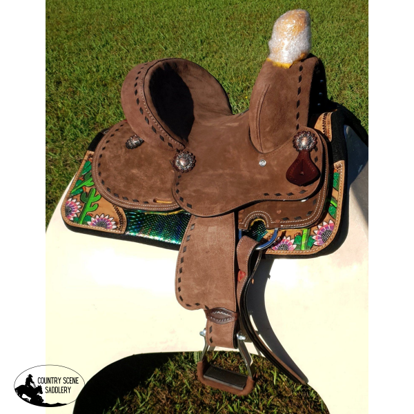 New! 10 Double T Youth Hard Seat Barrel Style Saddle With Extra Deep Seat And Buckstitch Trim.~