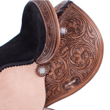 12 13 Barrel Style Saddle With Floral Tooling And Iridescent Crystal Rhinestone Conchos.~