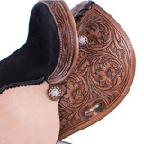 12", 13" barrel style saddle with floral tooling and iridescent crystal rhinestone conchos.~ - Country Scene Saddlery and Pet Supplies
