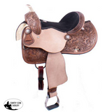 12", 13" barrel style saddle with floral tooling and iridescent crystal rhinestone conchos.~ - Country Scene Saddlery and Pet Supplies