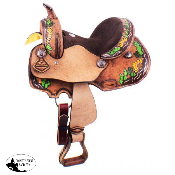 New! 12 Double T Barrel Style Saddle With Hand Painted Sunflower And Cactus Design. Posted.* ~