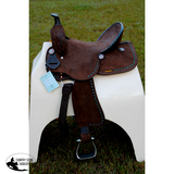 12’’ Double T Barrel style saddle with Oiled Rough out leather Teal buckstitch accents and flower conchos.