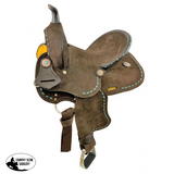 12" Double T Barrel style saddle with Oiled Rough out leather, Teal buckstitch accents and flower conchos. - Country Scene Saddlery and Pet Supplies