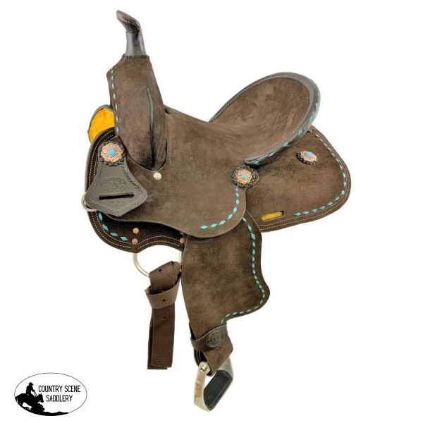 12 Double T Barrel Style Saddle With Oiled Rough Out Leather Teal Buckstitch Accents And Flower