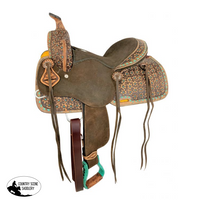 12 Double T Barrel Style Saddle With Teal Flower And Buckstitch Accents Saddles