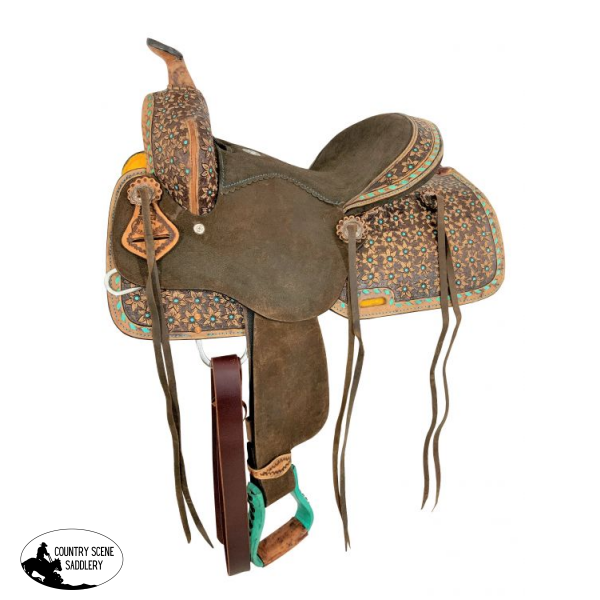 12 Double T Barrel Style Saddle With Teal Flower And Buckstitch Accents Saddles