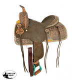 12" Double T Barrel style saddle with Teal flower and buckstitch accents FQB - Country Scene Saddlery and Pet Supplies
