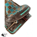 12" Double T Barrel style saddle with teal gator patchwork pattern. - Country Scene Saddlery and Pet Supplies