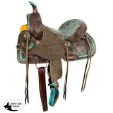 12" Double T Barrel style saddle with teal gator patchwork pattern. - Country Scene Saddlery and Pet Supplies