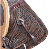12" Double T hard seat roper style saddle with basketweave and feather tooling. - Country Scene Saddlery and Pet Supplies