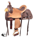 12" Double T hard seat roper style saddle with basketweave and feather tooling. - Country Scene Saddlery and Pet Supplies