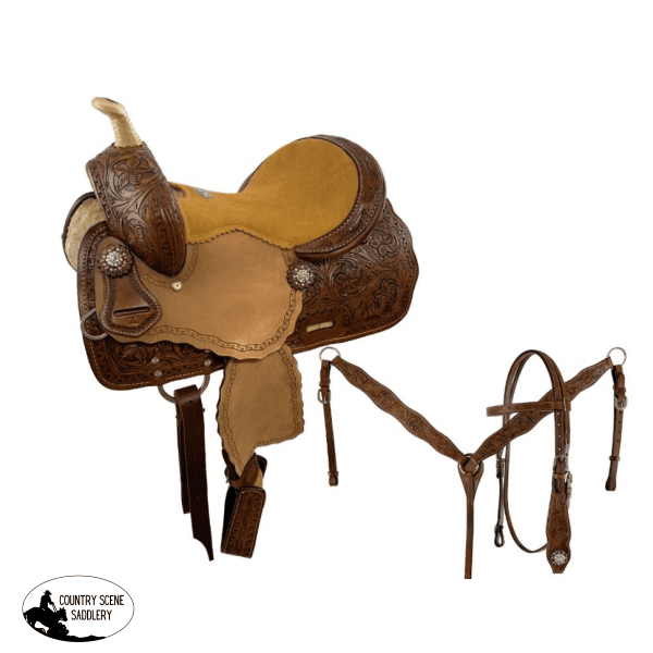12 Double T Medium Oil Youth Barrel Style Saddle Set With Suede Seat.
