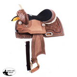 12" Double T Youth Barrel Style Saddle with hand floral tooling. - Country Scene Saddlery and Pet Supplies
