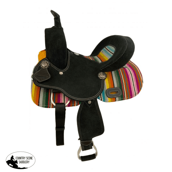 12 Double T Youth Black Roughout Barrel Saddle With Wool Serape Blanket Inlay And Skirts. Western