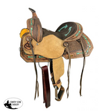 12" Double T Youth Hard Seat Western saddle with teal arrow Accents - Country Scene Saddlery and Pet Supplies