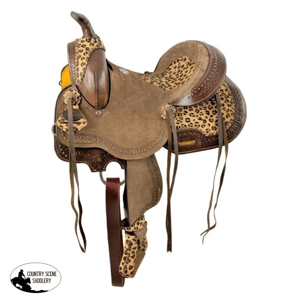 12 Inch Double T Hard Seat Barrel Style Saddle With Cheetah And Leather Tassels. Saddles