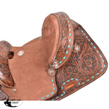 12"Double T  Youth hard seat barrel style saddle with turquoise buckstitch trim ~ - Country Scene Saddlery and Pet Supplies