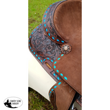 12"Double T  Youth hard seat barrel style saddle with turquoise buckstitch trim ~ - Country Scene Saddlery and Pet Supplies