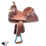 12"Double T  Youth hard seat barrel style saddle with turquoise buckstitch trim ~ - Country Scene Saddlery and Pet Supplies