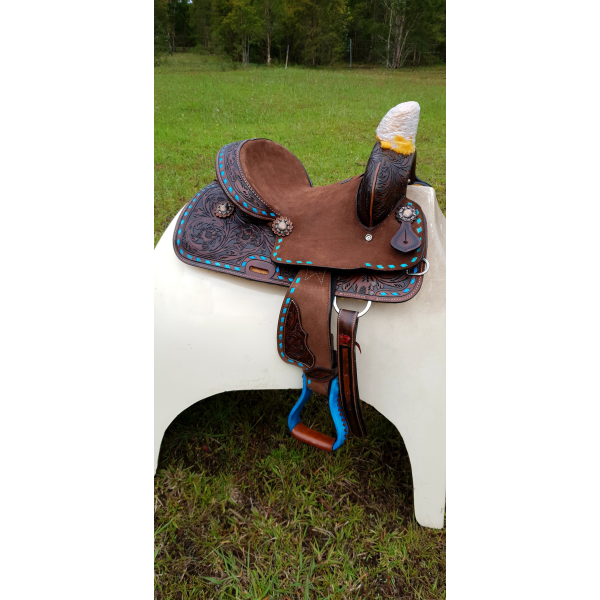 New! 12Double T  Youth Hard Seat Barrel Style Saddle With Turquoise Buckstitch Trim ~ Posted.*