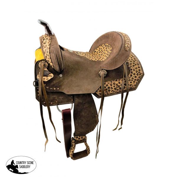 12Ïnch Double T Youth Hard Seat Barrel Style Saddle With Cheetah Seat. Saddles