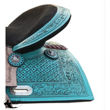 13" Double T Teal Pony/Youth saddle with rough out accents. - Country Scene Saddlery and Pet Supplies