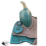 13" Double T Teal Pony/Youth saddle with rough out accents. - Country Scene Saddlery and Pet Supplies