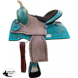 13" Double T Teal Pony/Youth saddle with rough out accents. - Country Scene Saddlery and Pet Supplies