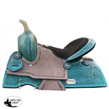 13" Double T Teal Pony/Youth saddle with rough out accents. - Country Scene Saddlery and Pet Supplies