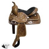 13" Fully tooled Double T youth saddle with suede leather seat. - Country Scene Saddlery and Pet Supplies