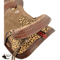 13 Inch Double T Hard Seat Barrel Style Saddle With Cheetah And Leather Tassels. Saddles