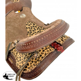 13 inch Double T Hard Seat Barrel style saddle with Cheetah Seat and leather tassels. - Country Scene Saddlery and Pet Supplies