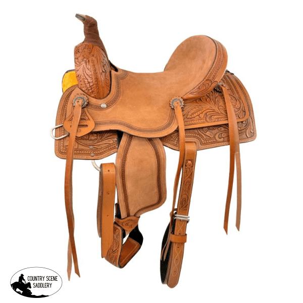 13 Youth Roping Style Western Hard Seat Saddle With Floral Tooling. (Semi-Qh Bars) Roper