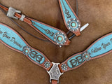 Showman ® Browband headstall and breast collar set. Features Turquoise inlay with 'follow your dreams' wording and Turquoise concho accents. - Country Scene Saddlery and Pet Supplies