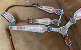 Showman ® Turquoise and pink inlay painted arrow design one ear headstall and breast collar set w/ matching accent conchos. - Country Scene Saddlery and Pet Supplies