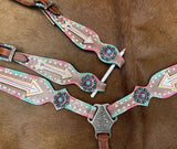 Showman ® Turquoise and pink inlay painted arrow design one ear headstall and breast collar set w/ matching accent conchos. - Country Scene Saddlery and Pet Supplies