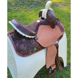 14 15 16 Double T Barrel Saddle With Silver Laced Tan Rawhide Cantle Dot Border On Rough Out Fenders