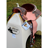 14", 15", 16" Double T barrel saddle with silver laced tan rawhide cantle, dot border on rough out fenders and jockeys. - Country Scene Saddlery and Pet Supplies