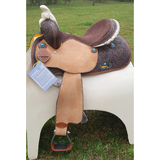 14", 15", 16" Double T barrel saddle with silver laced tan rawhide cantle, dot border on rough out fenders and jockeys. - Country Scene Saddlery and Pet Supplies